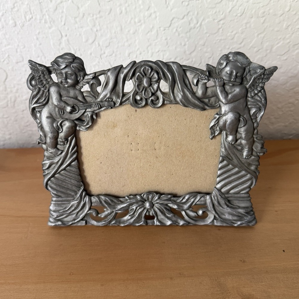 Vtg Cherub Picture Frame Pewter Angel Floral 90s Silver Metal Gift Valentine